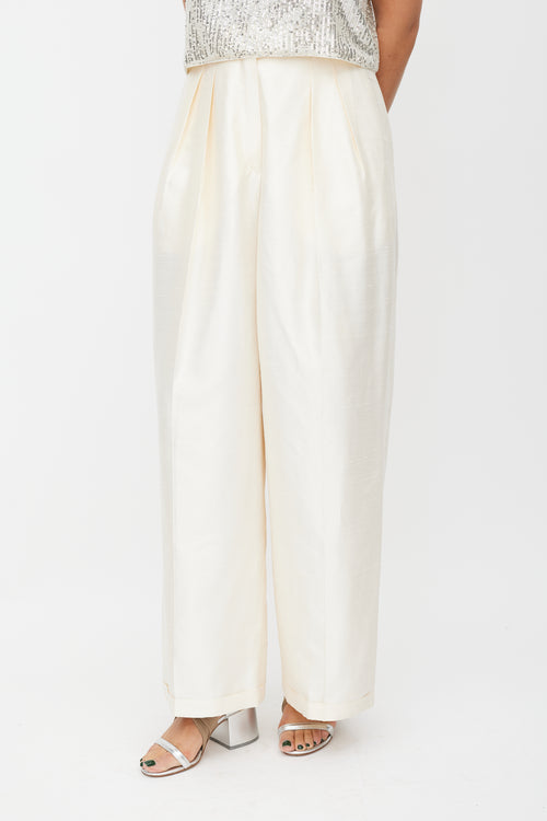 Jil Sander Cream Silk Textured Wide Leg Trouser