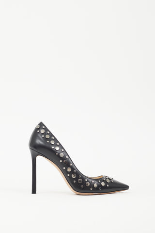 Jimmy Choo // Black Silver Leather Romy 100 Studded Heel – VSP