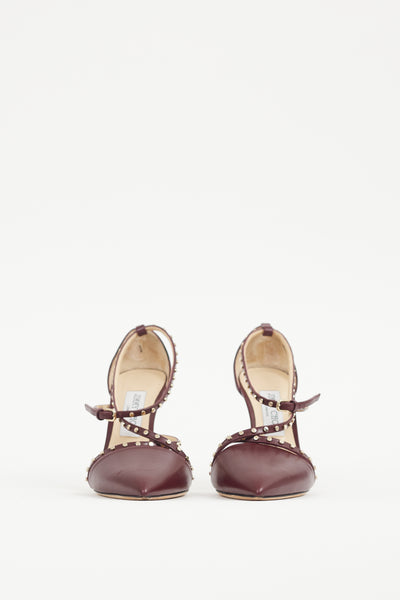 Jimmy Choo // Burgundy Gold Leather Studded Tiff Heel – VSP