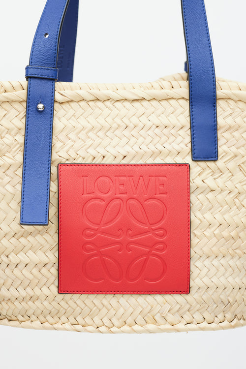 Loewe Brown & Blue Woven Basket Palm Leaf Bag