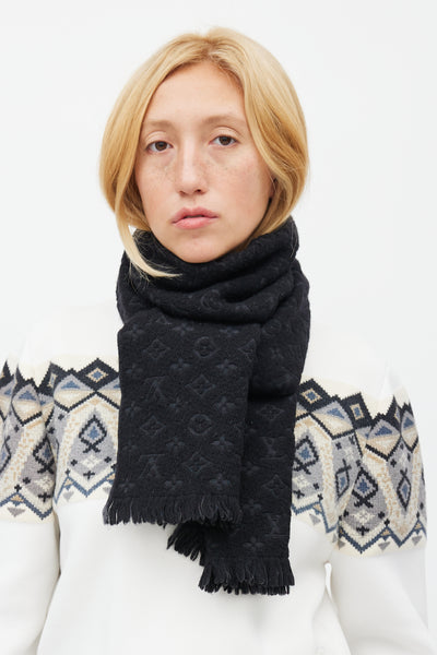 Louis Vuitton scarf black white silk monogram 120×8cm Used Japan Fedex