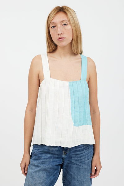 White & Blue Pleated Tank Top