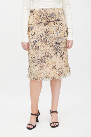 Max Mara Beige & Grey Silk Floral Skirt