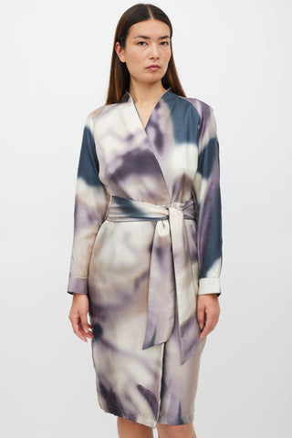 Max Mara Cream & Multicolour Silk Tie Dye Belted Dress