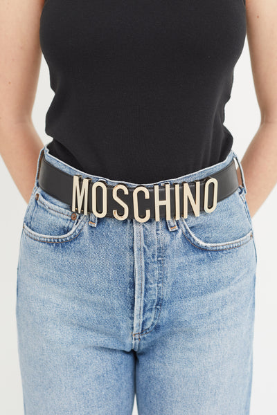 Moschino // Black Leather & Gold Logo Buckle Belt – VSP Consignment
