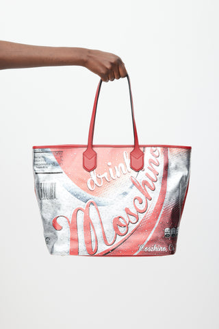 Moschino Red & Silver Leather Logo Tote