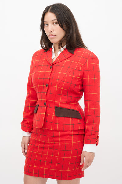 Red Multi Wool Check Two Piece Skirt Suit