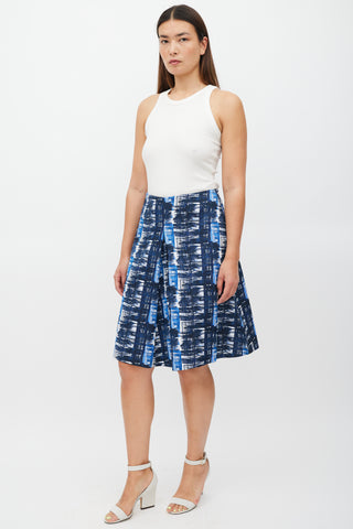 Oscar de la Renta White & Blue Pleated Abstract Skirt