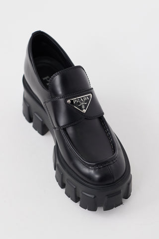 Prada Black Leather Logo Monolith Platform Loafer
