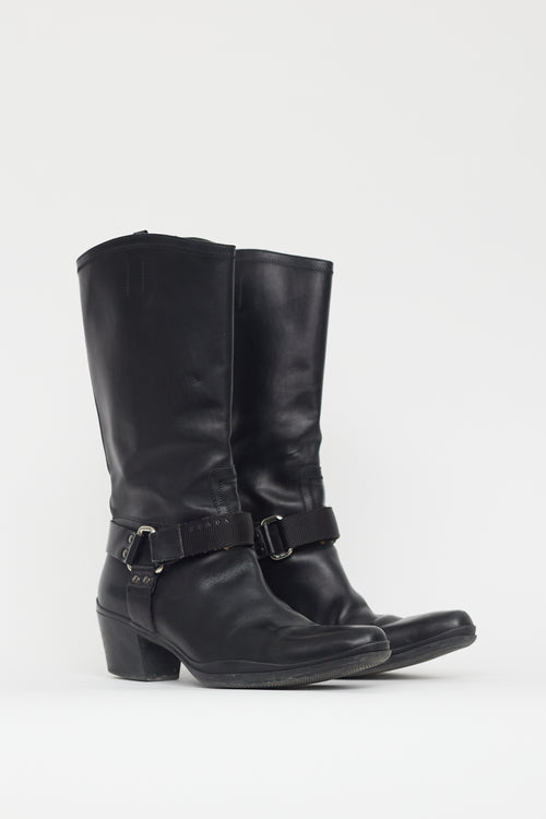 Prada Black Leather Velcro Strap Harness Boot