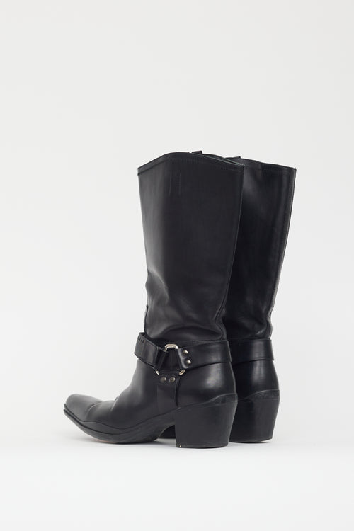 Prada Black Leather Velcro Strap Harness Boot