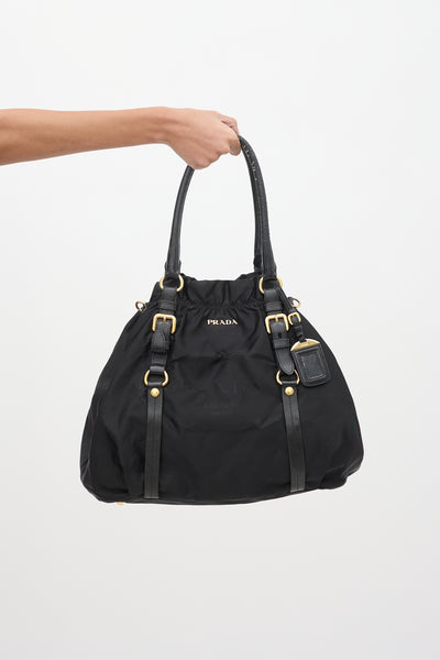 Prada // Black Tessuto Nylon Jacquard Logo Tote Bag – VSP