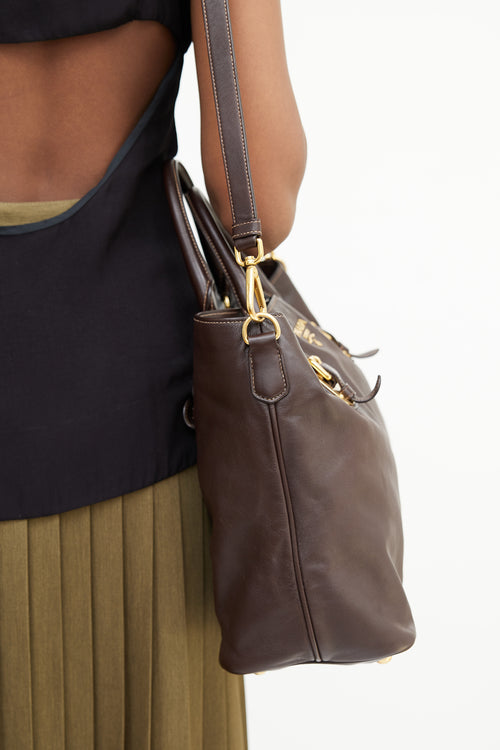 Prada Brown & Gold Leather Shopping Tote Bag
