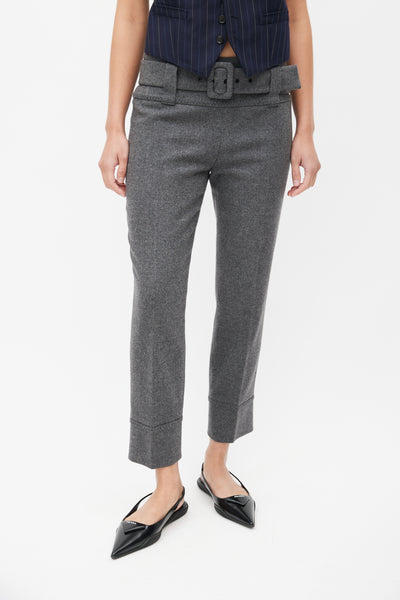 Grey Wool Belted Slim Trouser