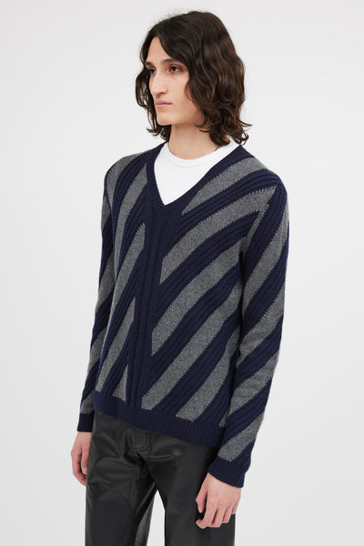 Navy & Grey V-Neck Patterned Sweater