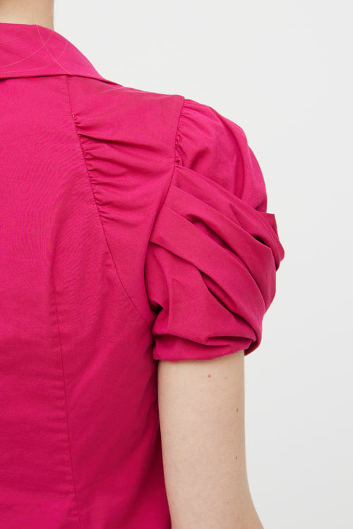 Prada Pink Pleat Puff Sleeve Button Short Sleeve Top