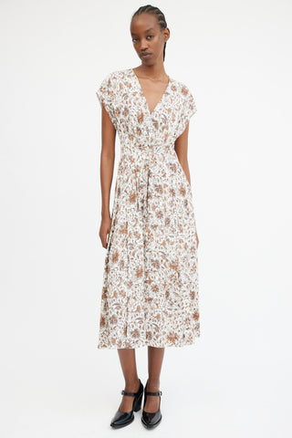 Prada // White & Brown Floral Pleated Maxi Dress  VSP Consignment