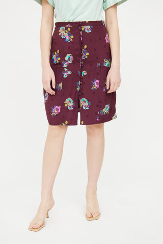 Rebecca Taylor Burgundy Silk Floral Skirt