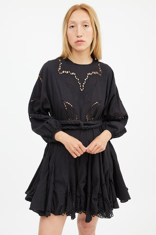 Rhode Black Eyelet Lace Belted Mini Dress