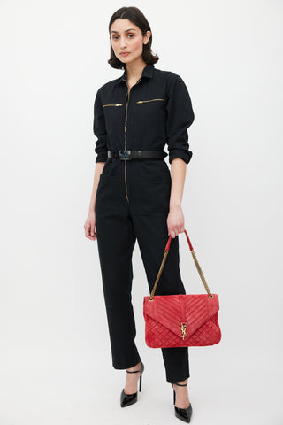 Saint Laurent Red & Gold Suede Triquilt Bag