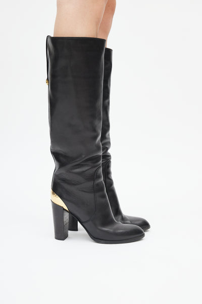 Black knee high clearance boots with gold heel