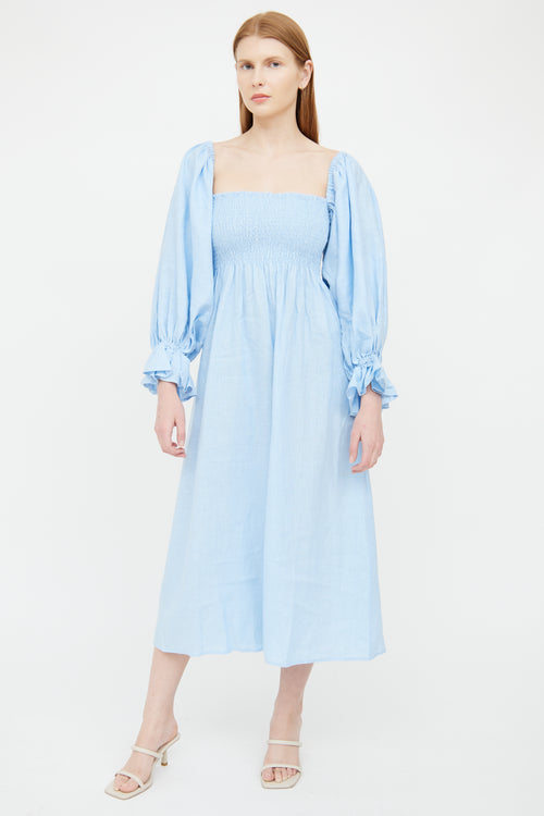 Sleeper Blue Linen Puff Sleeve Dress