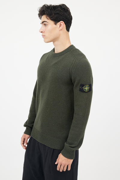 Green Wool Knit Logo Sleeve Sweater