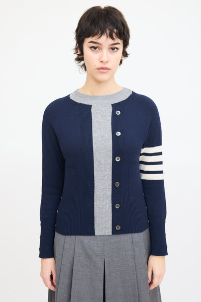 Thom Browne // Navy Grey Cashmere Four Bar Sweater – VSP Consignment