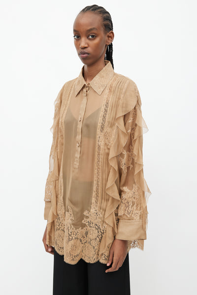 Brown Sheer Lace Ruffle Blouse