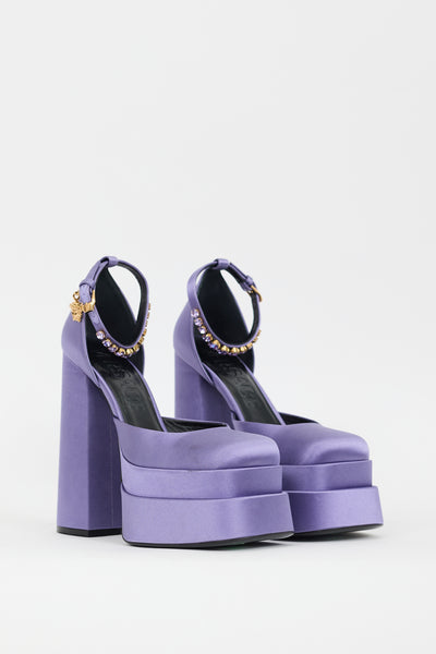 Versace // Purple Satin Embellished Medusa Aevitas Platform Heel