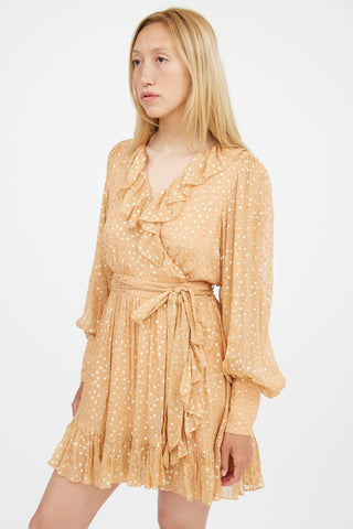 Zimmermann Orange & Gold Silk Lurex Wrap Mini Dress