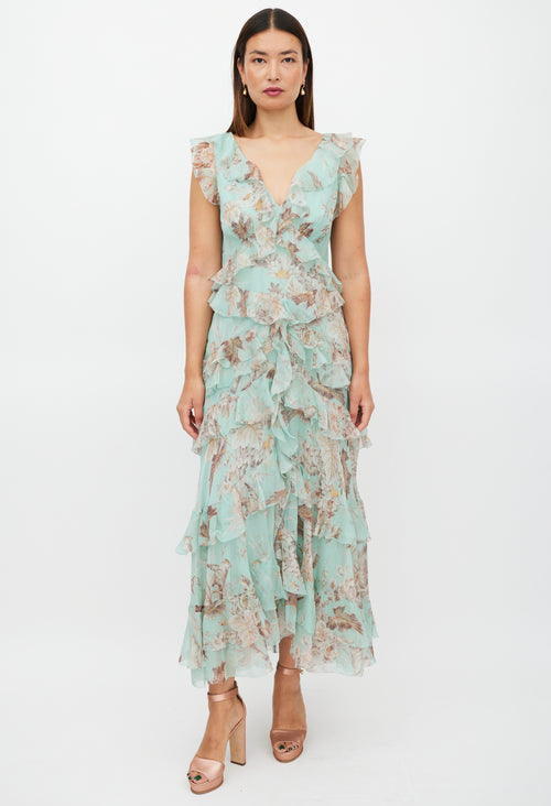 Zimmermann Green & Brown Silk Ruffled Floral Dress
