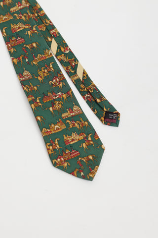 Ferragamo Green & Brown Horse Pattern Tie