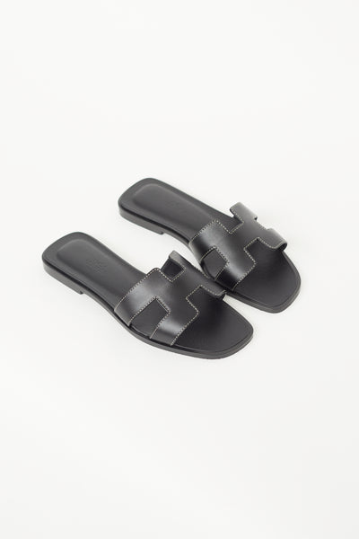 Herm s Noir Leather Oran Sandal VSP Consignment