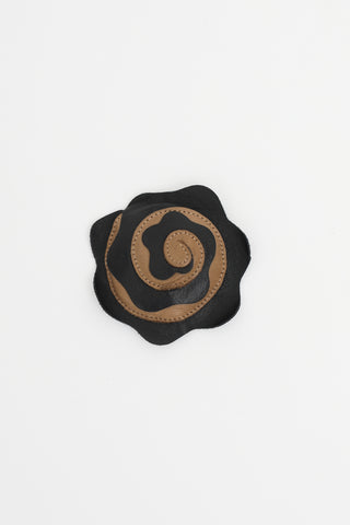 Chanel Black & Brown Leather Floral Swirl Brooch