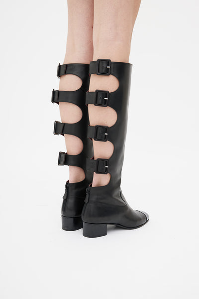 Black Leather Gladiator Buckle Knee High Boot