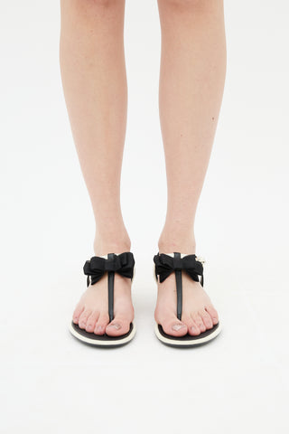 Chanel Spring 2017 Black & Cream Leather Bow T-Strap Sandal
