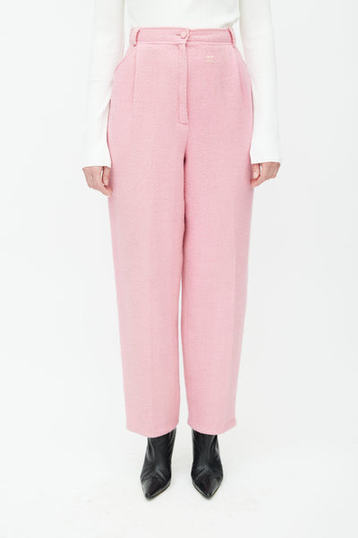 Pink Textured Wool Straight Leg Trouser
