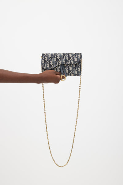 Christian Dior Saddle Wallet on Chain in Blue Dior Oblique Jacquard