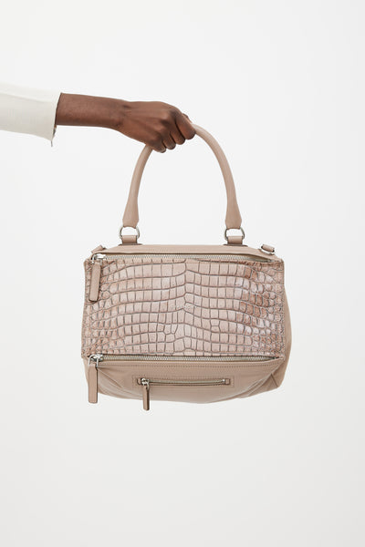 Beige Leather Embossed Print Pandora Bag