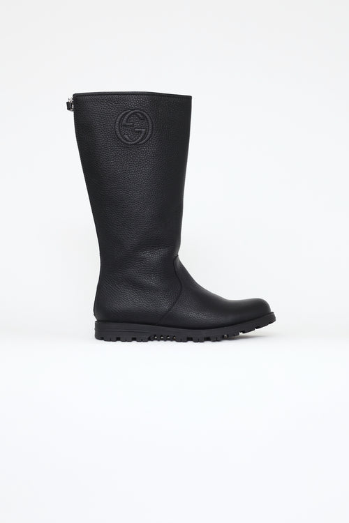 Gucci Black Leather GG Mid Calf Boot