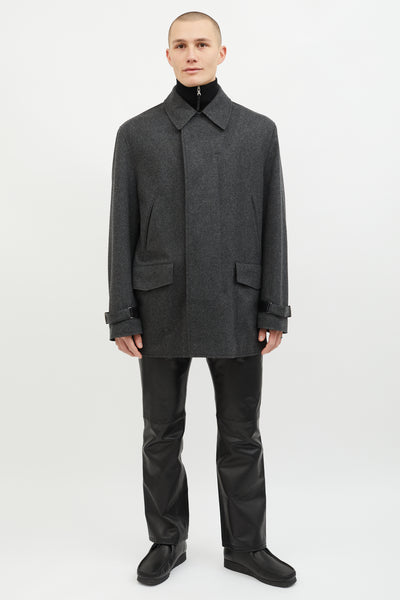 HERMES Khaki Gray wool Stand collar Coat