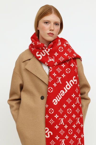 Louis Vuitton Red Louis Vuitton x Supreme Monogram Wool Scarf