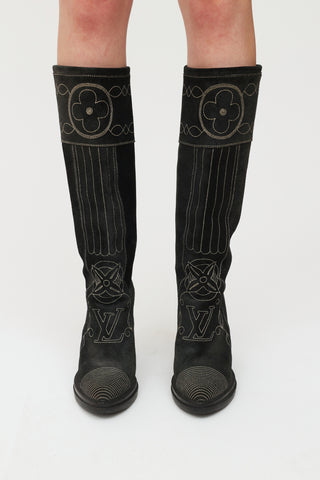Louis Vuitton  Grey Suede Embroidered Western Boots