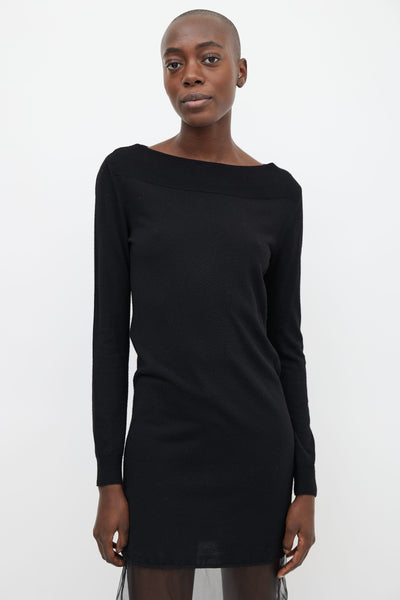 Black Knit & Silver-Tone Elbow Patch Sheer Hem Dress