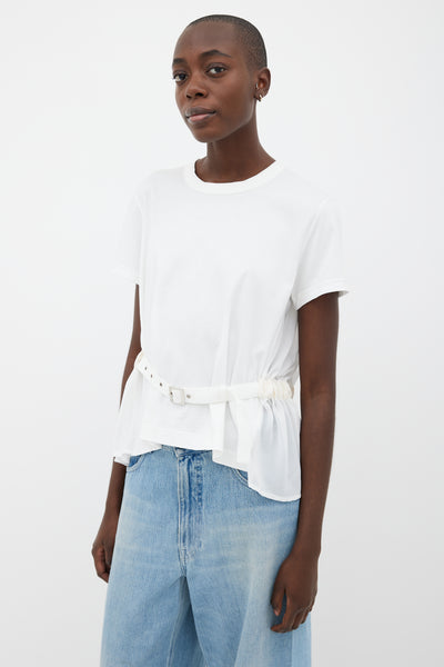 White Cotton & Sheer Belted T-Shirt