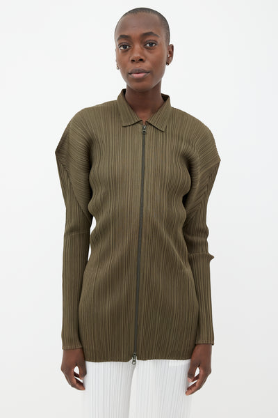 Olive Green Full-Zip Pleated Top
