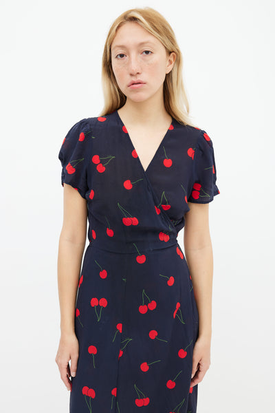 Navy Silk Printed Red Cherry Wrap Dress