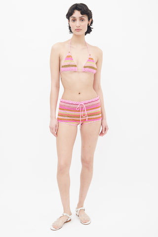 Rose Carmine Pink & Metallic Stripe Spirales Bikini & Culotte Set