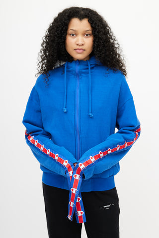 Vetements // x Champion Blue Logo Zip Up Hoodie – VSP Consignment